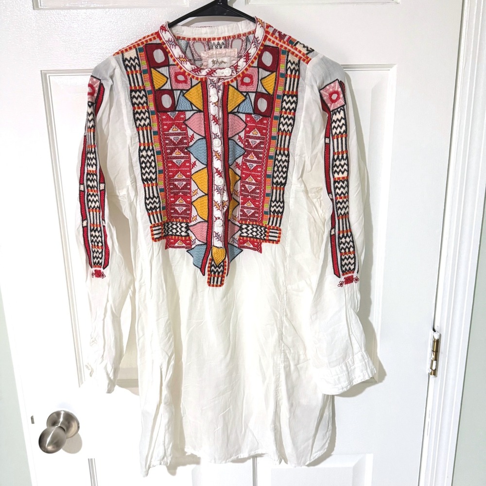 Biya Johnny Was White Embroidered Cotton Tunic Top Geometric Folk Boho Medium